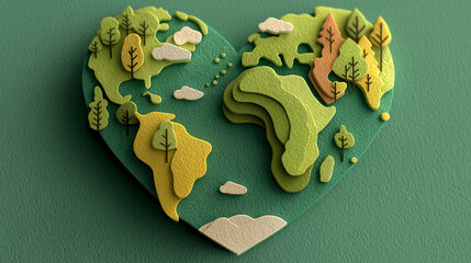 A textured paper-cut heart shaped like a world map