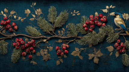 Christmas background with fir branches, a bird and red berries