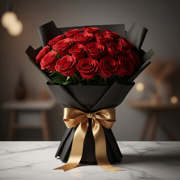 A romantic red rose bouquet wrapped in black matte paper