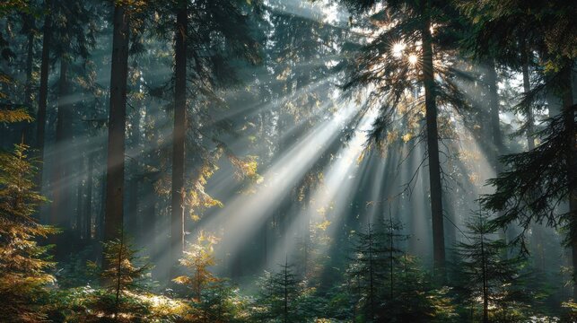 Sun rays breaking through trees in dense green forest