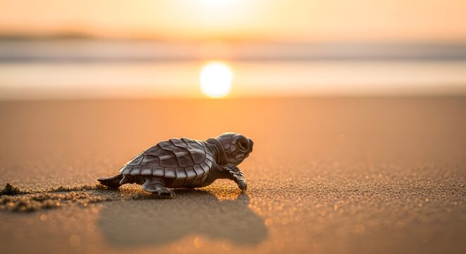 Baby sea turtle journey at sunrise on sandy beach - wildlife conservation theme for nature posters and prints