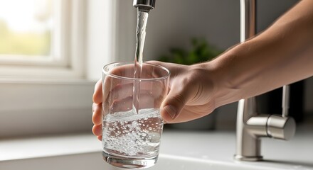 Refreshing clean water pouring into glass from kitchen faucet - emphasizing daily hydration and healthy lifestyle