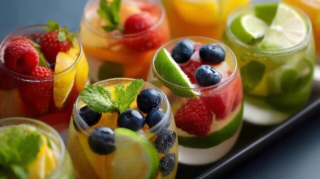 Colorful fruit parfaits in clear glasses with berries, citrus slices and mint on a serving tray.
