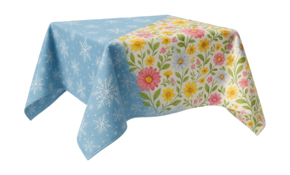A reversible tablecloth featuring a winter theme on one side and spring florals on the