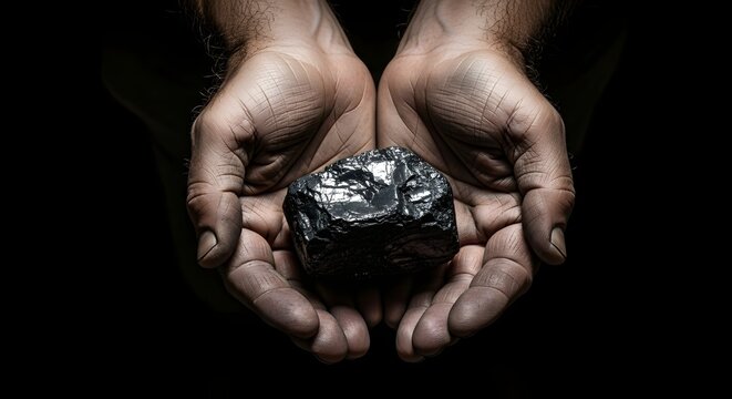 Hands holding a raw coal in dramatic lighting featuring symbolic energy and industrial concepts