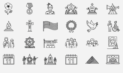 A comprehensive set of line art icons dedicated to Veterans Day, military remembrance, and armistice commemoration symbols