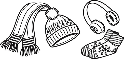 A collection of winter accessories is depicted in a black and white line art style. The items are arranged against a blank background. The composition includes a scarf draped elegantly with tasseled e
