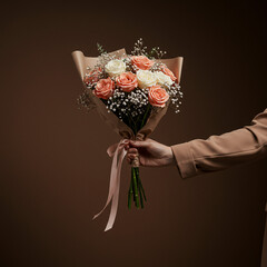 A single stylish bouquet held by a hand wearing elegant outfit