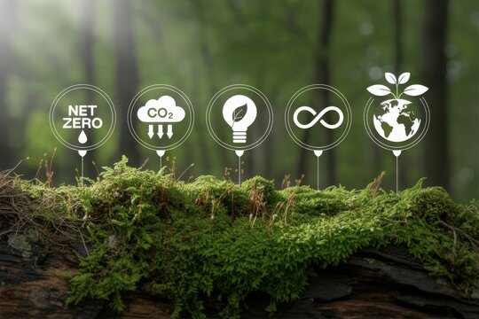 Go green with modern net zero icons, sustainability solutions for business and a thriving environment