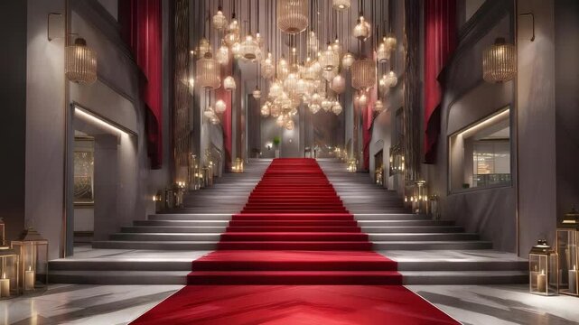 Luxurious grand staircase with a red carpet, chandeliers, and candle-lit walls in an opulent hall.