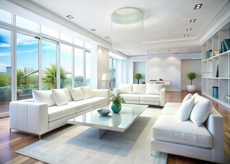 Fototapeta premium Large living room with white furniture and a glass coffee table in a bright room