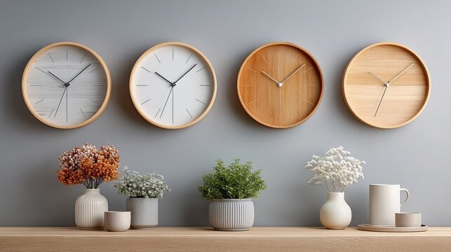 Four Wall Clocks Arranged In A Row Above Potted Plants And Vases On A Shelf With A Grey Wall Background And Natural Lighting