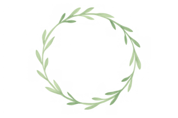 Green watercolor leaves creating a delicate botanical wreath round frame with transparent background