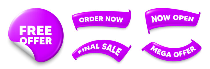 Free offer purple sticker, Sale offer ribbons. Final sale, Order now. Free offer tag. Special offer sign. Sale promotion symbol. Sticker badge. Flag ribbon banners. Discount offer banners. Vector