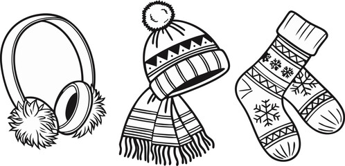 A collection of winter accessories is depicted in a black and white line art style. The items are arranged against a blank background. The composition includes a scarf draped elegantly with tasseled e