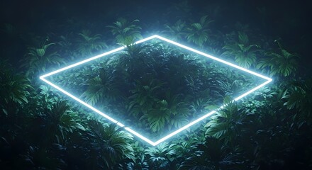 Glowing Blue Neon Rhombus Frame Centered Amidst Dark Tropical Foliage and Lush Green Plants, Mysterious Futuristic Nature Background, High Contrast Digital Art Scene