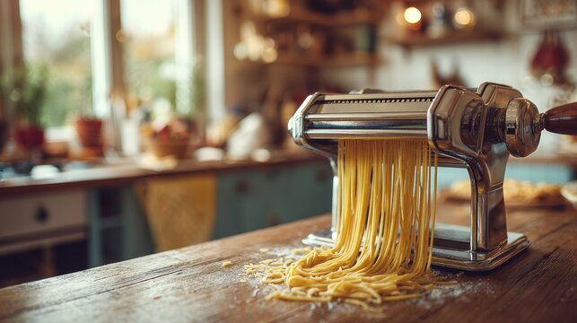 Pasta making action rustic kitchen cooking process warm environment close-up view culinary art