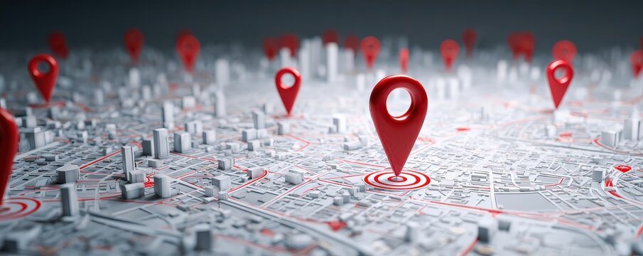 A 3D rendering of a city map featuring multiple red location pins, symbolizing navigation and geographic positioning.