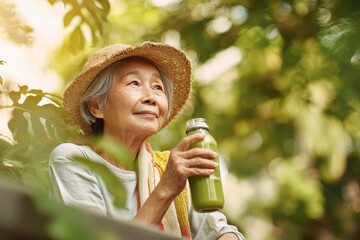 Senior Woman Enjoying Green Juice in Natural Outdoor Setting with Plants