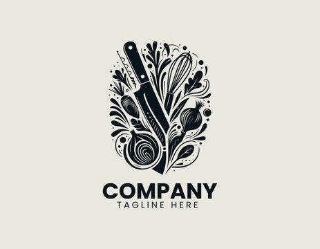 Artistic composition of kitchen tools and vegetables with knife and whisk in abstract black vector logo design illustration