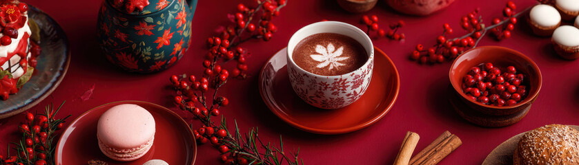 Small business Christmas branding with festive hot chocolate and macarons on red table creating warm holiday spirit