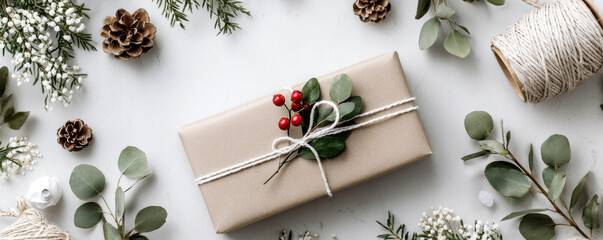 Small business Christmas branding with natural gift wrap and festive decoration creating cozy and elegant holiday atmosphere for branding success