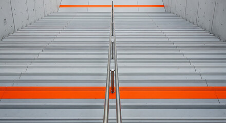 Looking up a modern staircase with orange accents in a concrete building