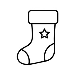 Monochrome line art icon of a Christmas stocking with a star decoration, fluffy cuff, and defined heel and toe.