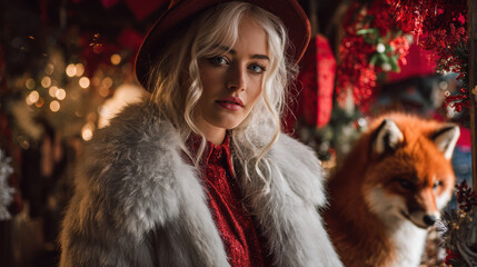 Small business embraces Christmas branding with festive red decor and stylish woman in fur coat creating warm holiday atmosphere