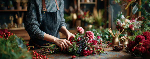 Small business Christmas branding with festive floral arrangement creating joyful holiday atmosphere in cozy workshop