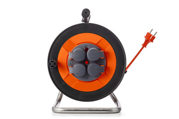 Heavy duty extension cord industrial reel retractable cable with multi-plug extensions retractor for garden or frame for use in a garage workshop isolated on white background