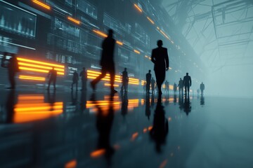 Silhouettes of People Walking in Futuristic Data Environment with Neon Lights