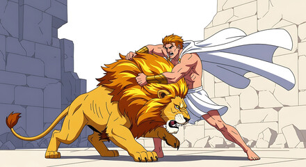 Illustration of heracles wrestling the nemean lion in greek mythology