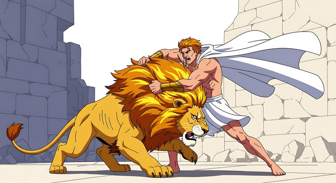 Illustration of heracles wrestling the nemean lion in greek mythology