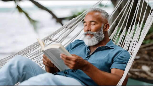 Mature man with distinguished white beard enjoys peaceful book reading session in comfortable hammock.