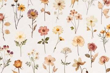 Vintage floral collage with pressed flowers on a textured white background Elegant style template design