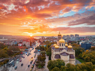Dormition of the Mother of God Cathedral, Varna,Bulgaria aerial view at sunset in autumn over the city aerial panorama