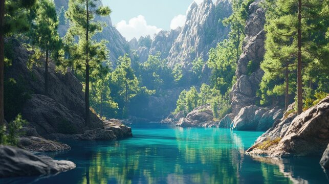 Serene mountain lake with lush green forest and rocky cliffs - Powered by Adobe