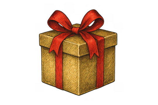 Gift box illustration with a red ribbon and bow, representing celebration, presents, and thoughtful giving on a transparent background