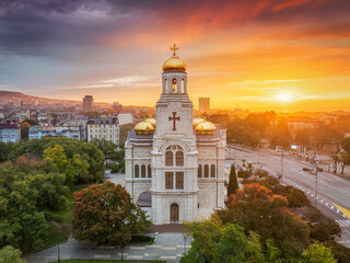 Dormition of the Mother of God Cathedral, Varna city park, Bulgaria aerial panoramic view at sunrise in autumn