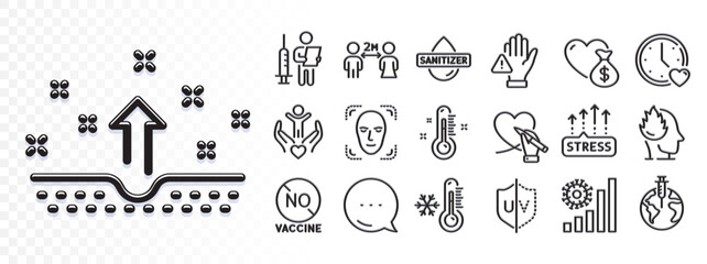 Low thermometer, Clean skin and Coronavirus statistics line icons for web app. Glare of light effect. Message icon. Pack of Social care, Pandemic vaccine, Thermometer pictogram icons. Vector