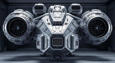 Detailed front view of a futuristic spacecraft in a hangar