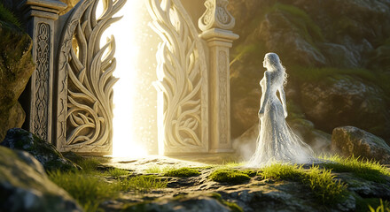 Ethereal woman in white dress standing before a gate to another world