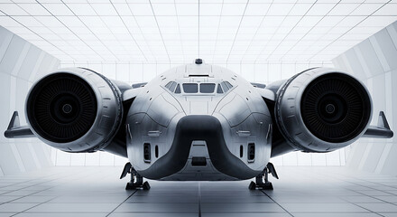 Futuristic spaceship in a hangar with bright lights and metallic texture