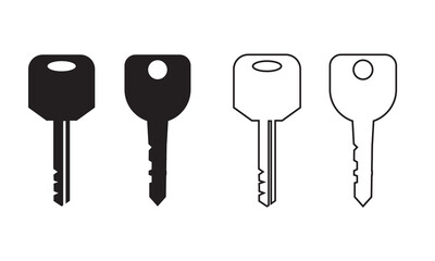 Black and white car key icons.  Motorcycle, bike and car key icon. Minimalist illustration showing four simple key icons in black and white, representing access, security, and password concepts.
