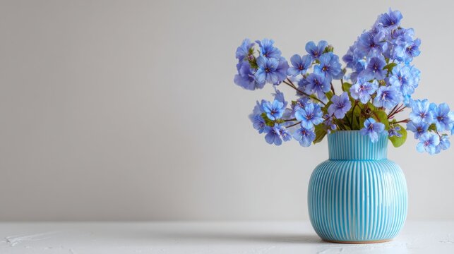 A bouquet of delicate blue flowers in a ribbed turquoise vase