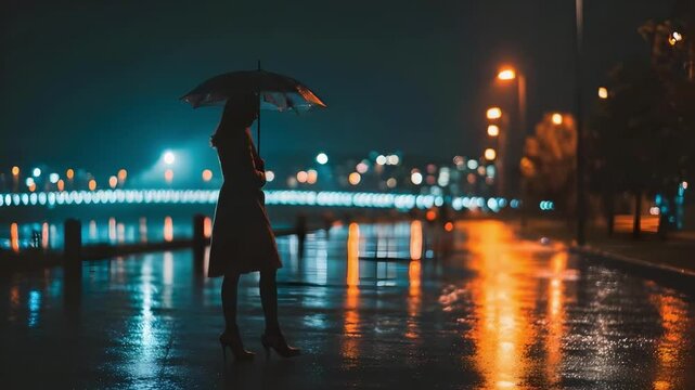 A person with an umbrella stands on a rain-soaked street at night, city lights reflected on the wet pavement.
