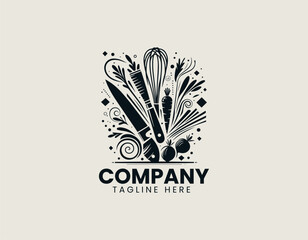 Artistic composition of kitchen tools and vegetables with knife and whisk in abstract black vector logo design illustration