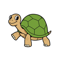 Cartoon green turtle and tortoise with a red rose on a white isolated background, a slow reptile with a shell and funny illustration for wildlife and nature