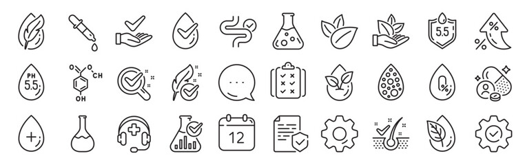 No artificial colors, Anti-dandruff flakes free line icons. Settings gear, Message, Inflation icons. Dermatologically tested, Alcohol free and Paraben chemical formula icons. Vector